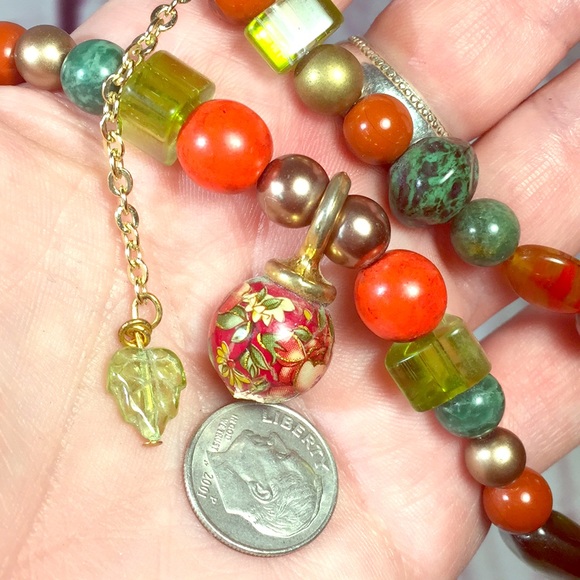 Handmade earth tone ORIGINAL OOAK glass bead adjustable green red Necklace retro - Picture 4 of 16